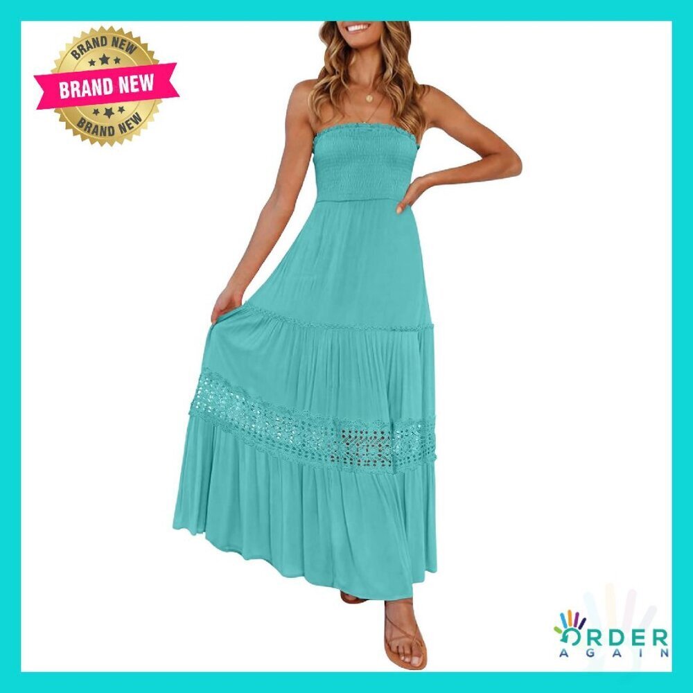 Bohemian Strapless Maxi Dress Lace Trim Backless Flowy A-Line Elegant